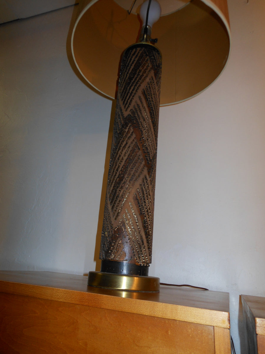 Pair Antique Wood and Metal Wallpaper Roller Made Into Lamps