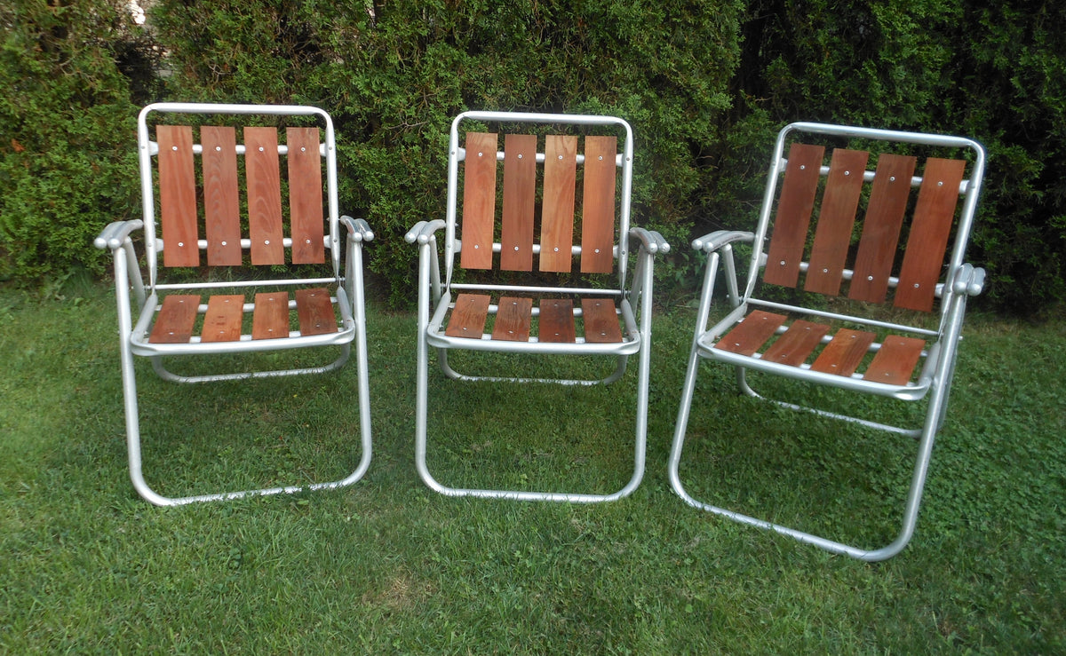Vintage Redwood Aluminum Slat Folding Lawn Chairs Retro on 8th