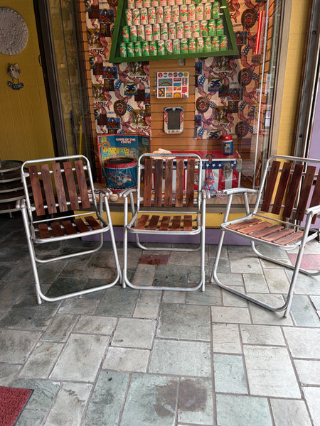 3 Vintage MCM Redwood and Aluminum Folding Chairs