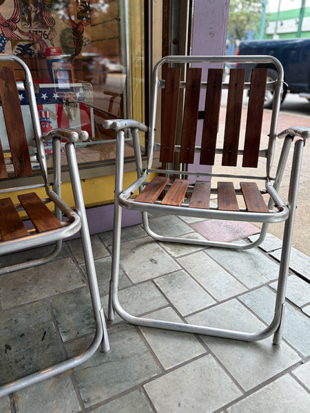 3 Vintage MCM Redwood and Aluminum Folding Chairs