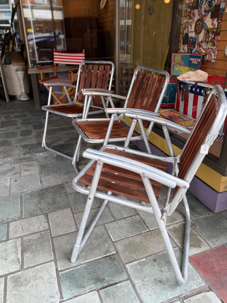 3 Vintage MCM Redwood and Aluminum Folding Chairs