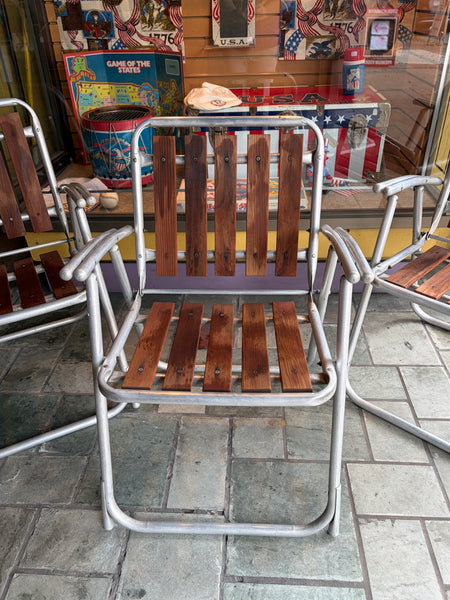 3 Vintage MCM Redwood and Aluminum Folding Chairs