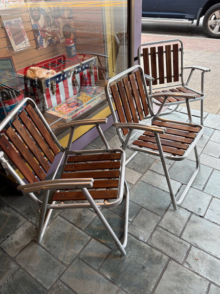 3 Vintage MCM Redwood and Aluminum Folding Chairs