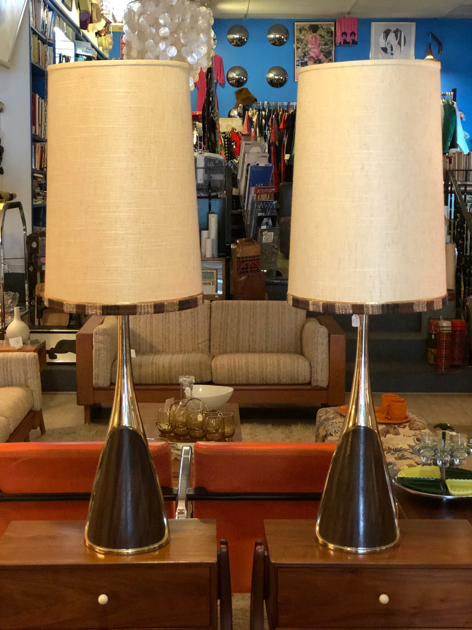 MCM Pair Brass and Wood Lamps